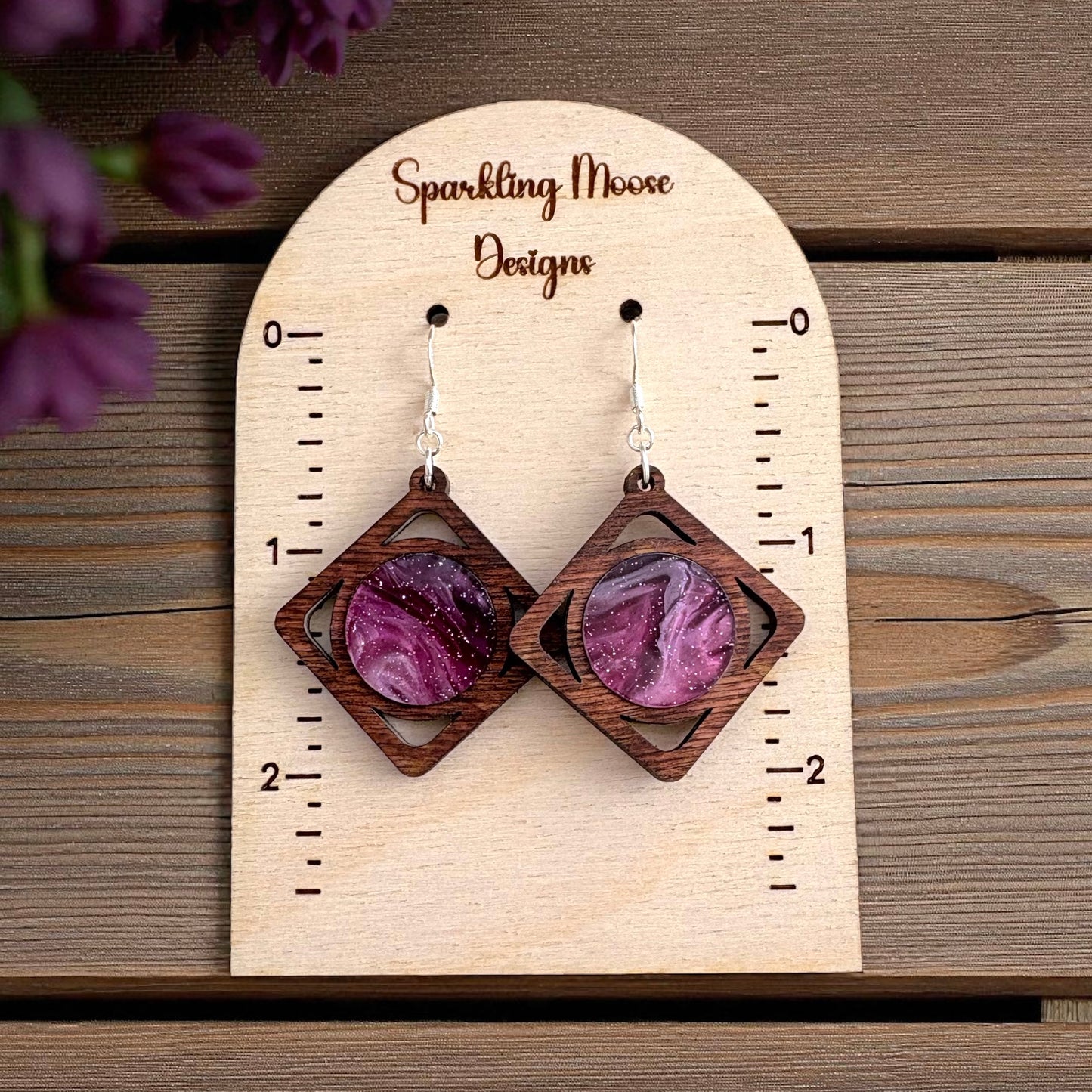 Wood w/ Pink Glittery Acrylic Inlay Earrings