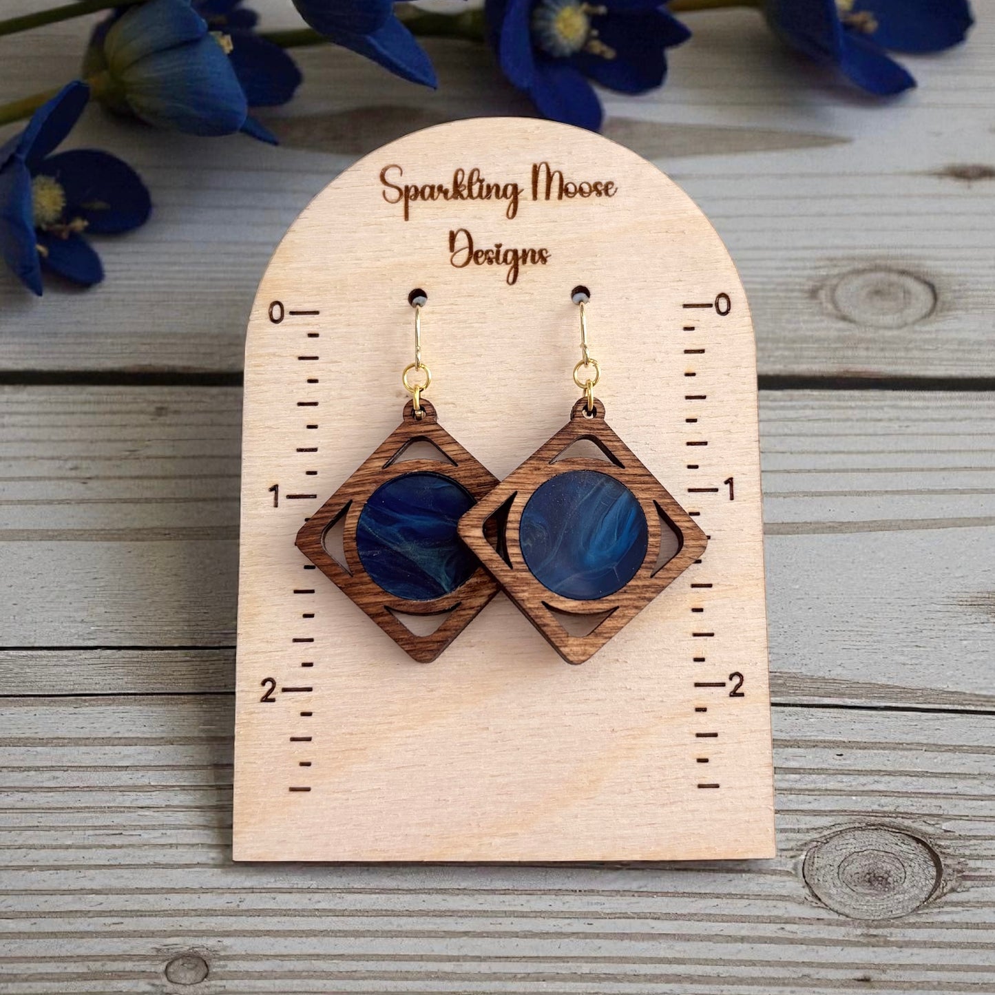 Wood w/ Navy Blue Acrylic Inlay Earrings