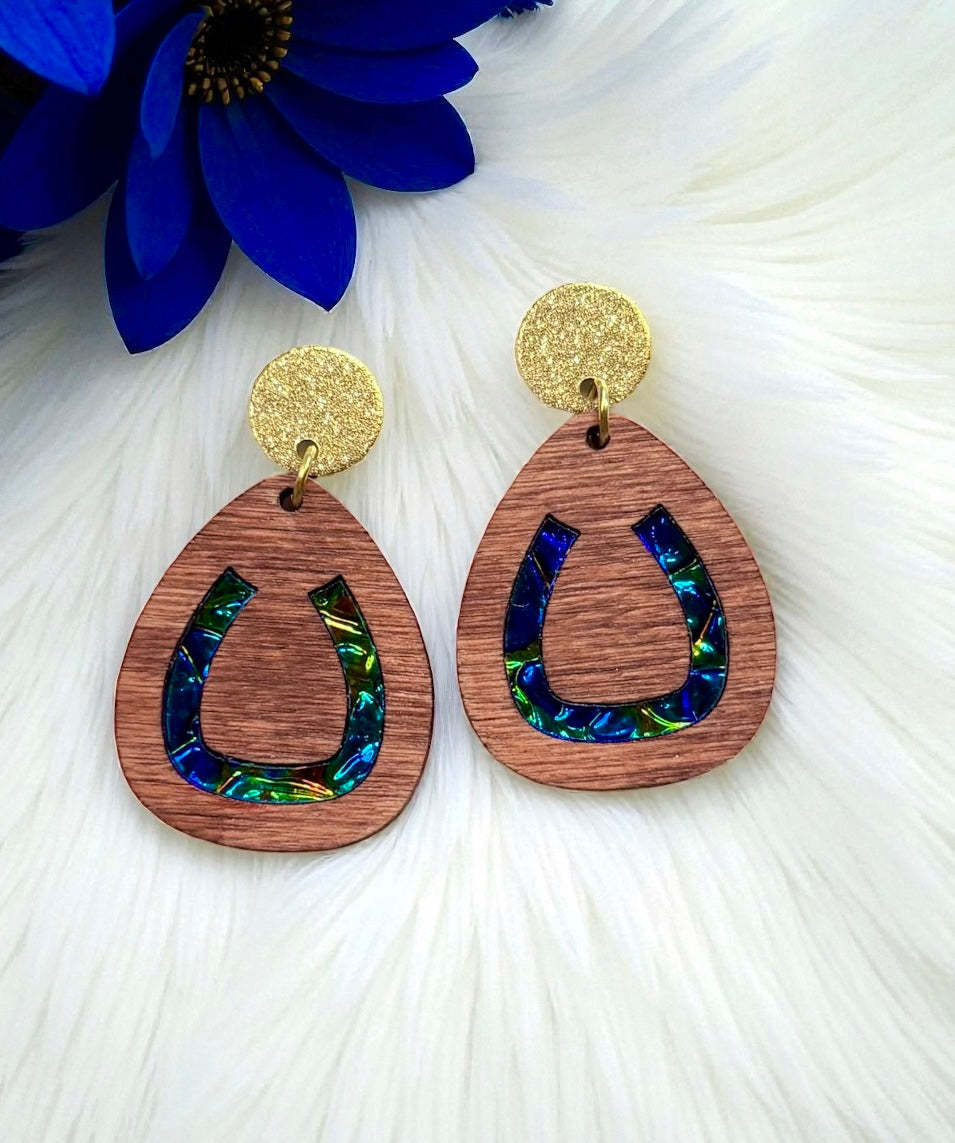 Horseshoe Wood w/Dichrolam Acrlyic Inlay Earrings