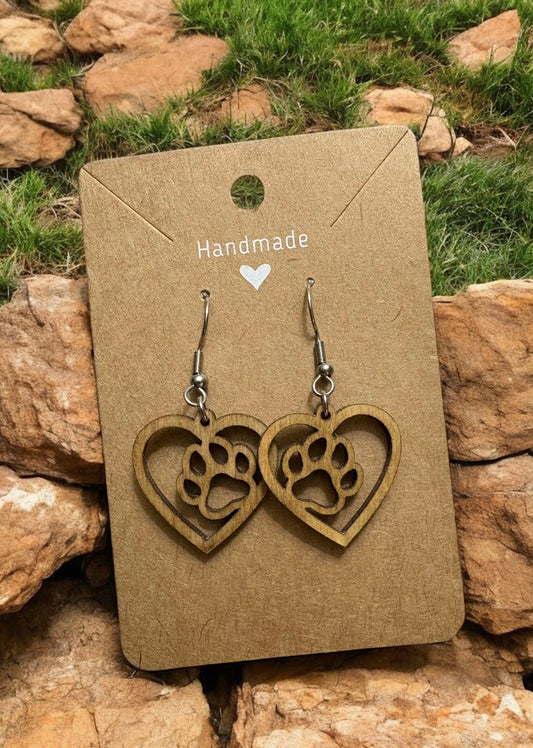 Stained Wood Paw Print Heart Earrings
