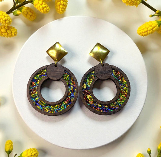 Round Wood Earrings w/Dichrolam Acrylic Inlay