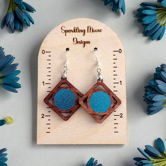 Wood w/ Teal Glitter Acrylic Inlay Earrings