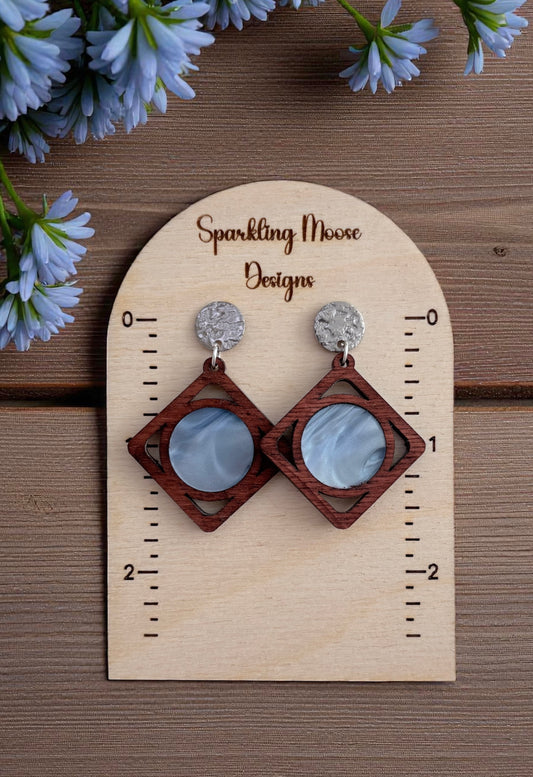 Wood w/ Light Blue Acrylic Inlay Earrings