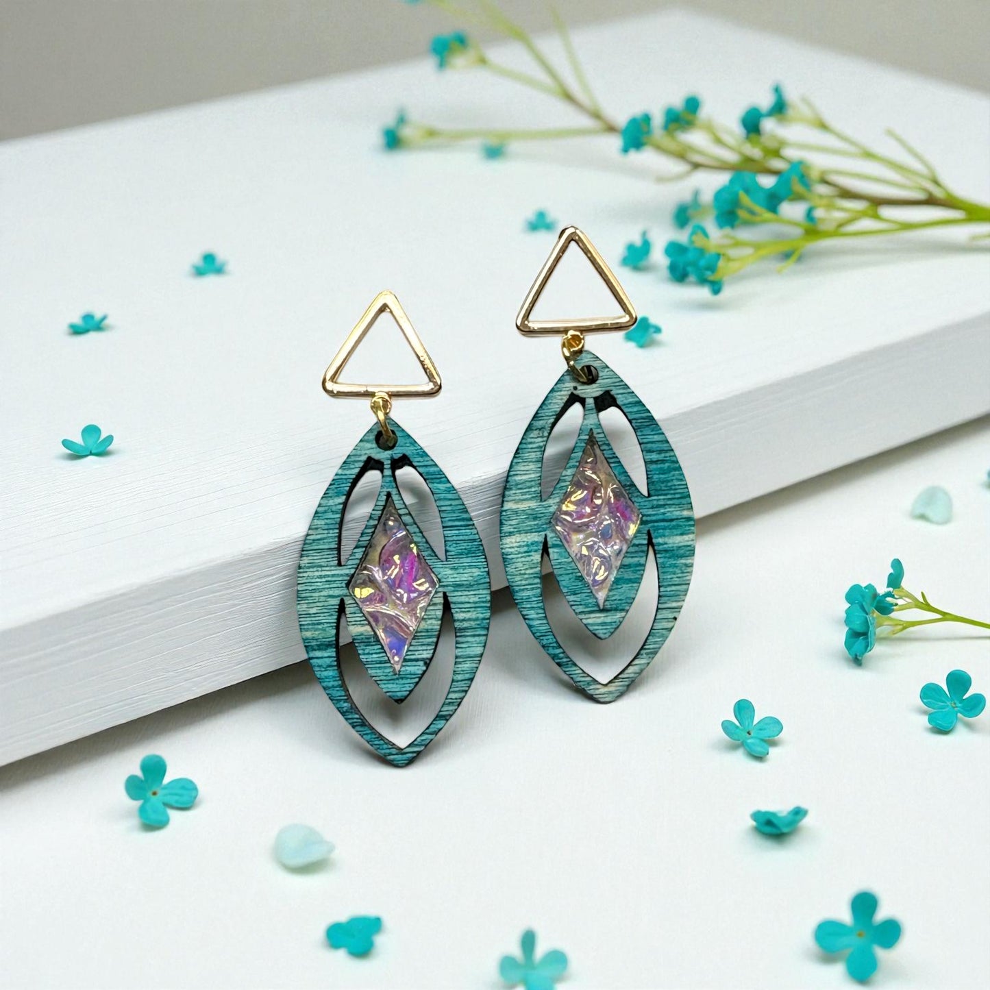 Teal Wood Earrings w/ Dichrolam Inlay