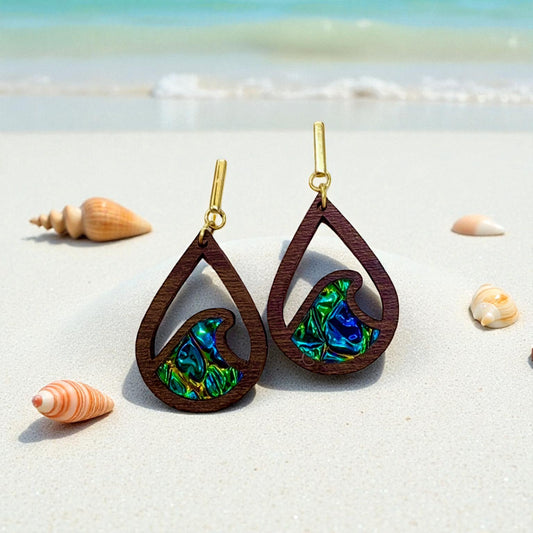 Ocean Wave Wood Earrings w/ Dichrolam Acrylic Inlay