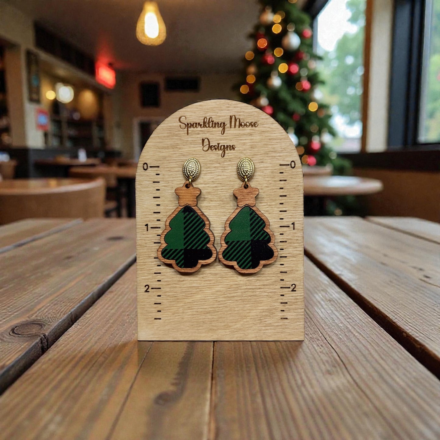 Wood Christmas Tree Green Plaid Earrings