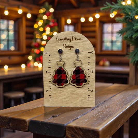 Wood Christmas Tree Buffalo Plaid Inlay Earrings