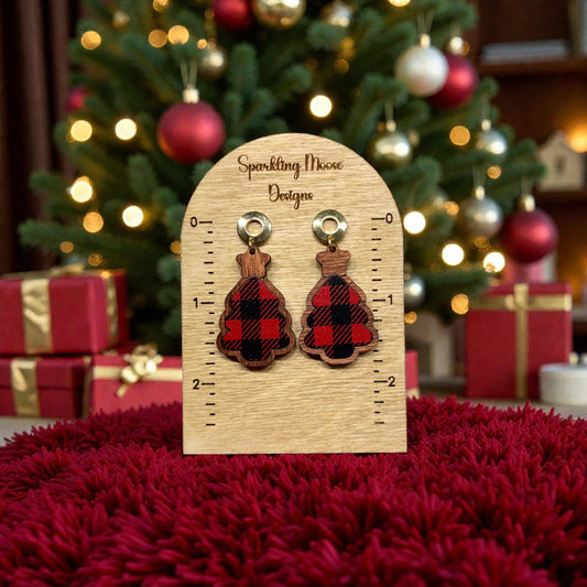 Wood Christmas Tree Buffalo Plaid Inlay Earrings