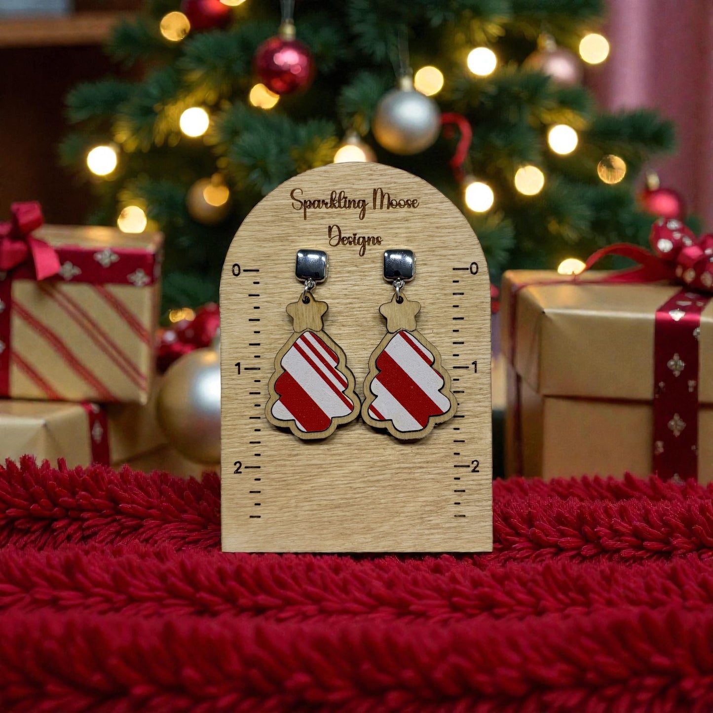 Wood Christmas Tree Inlay Earrings