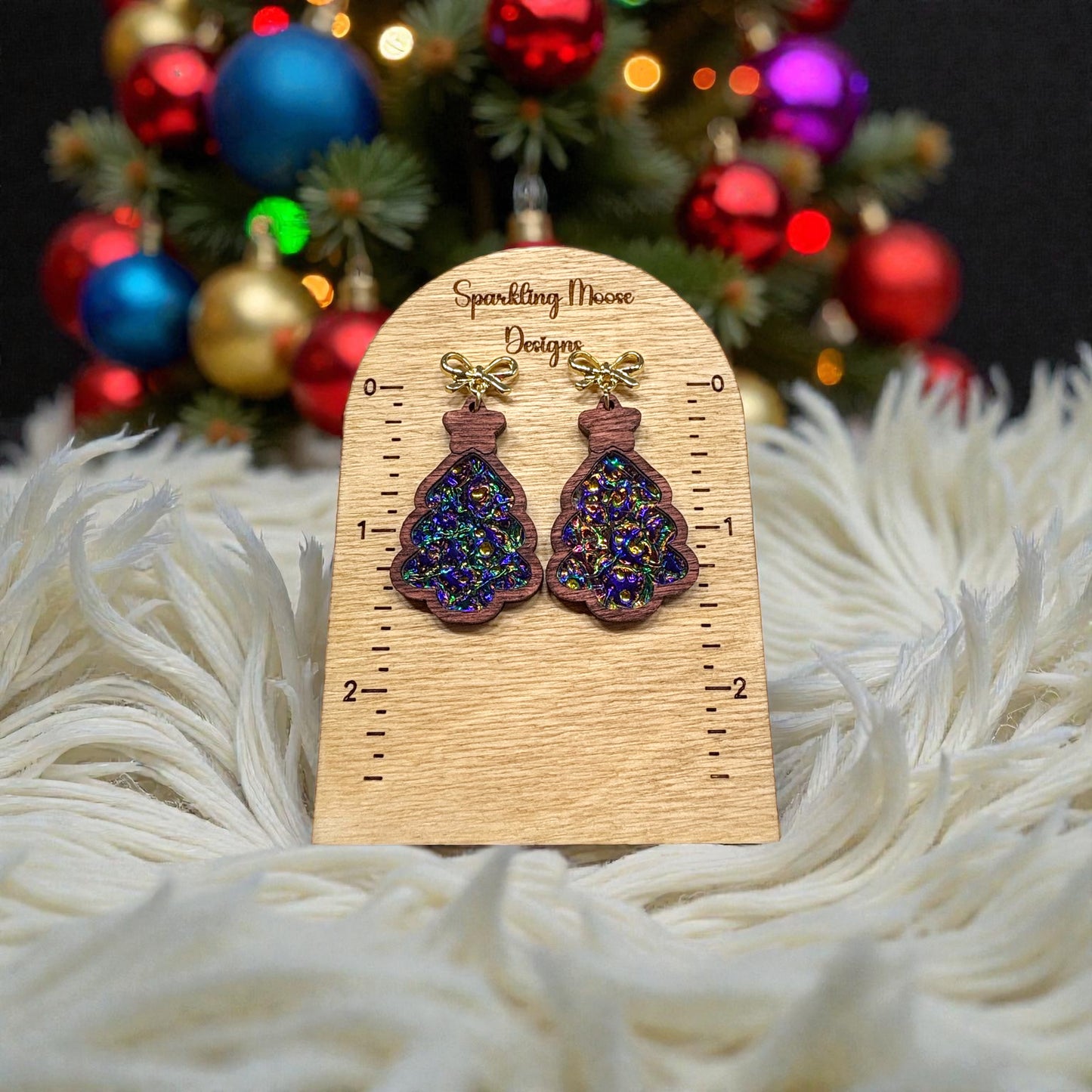 Wood Christmas Tree Earrings w/ Dichrolam Acrylic Inlay