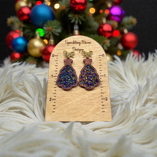 Wood Christmas Tree Earrings w/ Dichrolam Acrylic Inlay