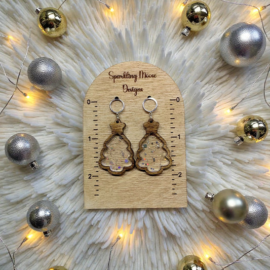 Wood Christmas Tree Earrings w/ Confetti Acrylic Inlay