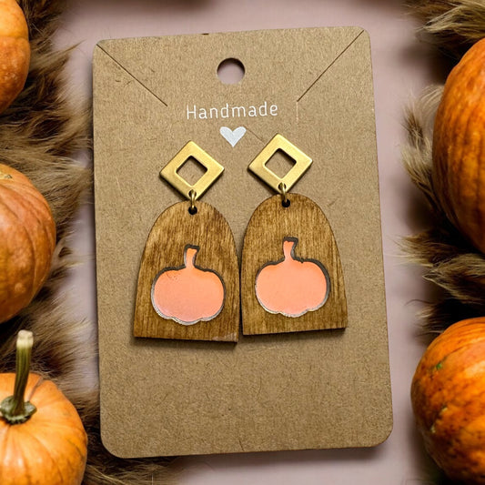 Wood & Holographic Pumpkin Acrylic Inlay Earrings