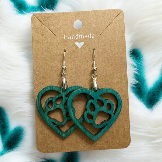 Teal Wood Paw Print Heart Earrings
