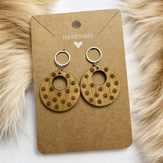 Wood Paw Print Engraved Earrings