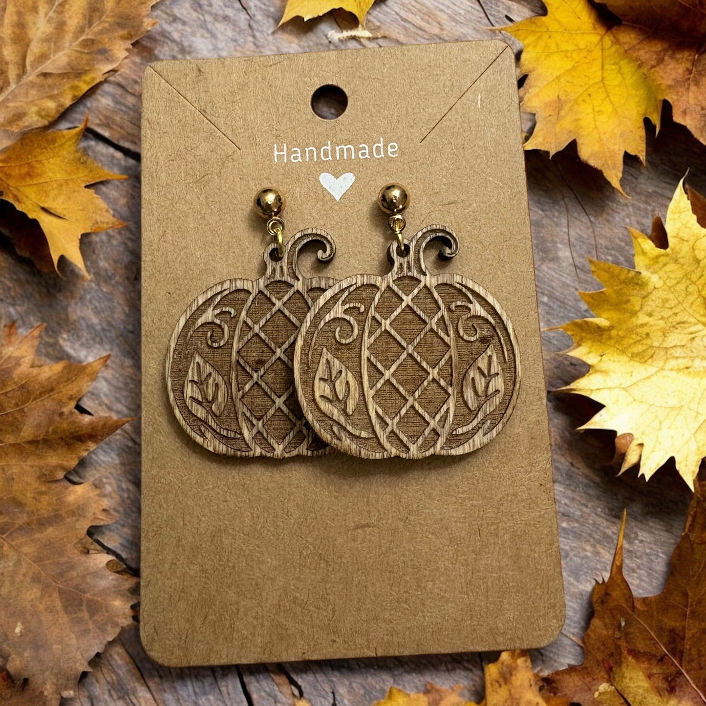 Wood Pumpkin Engraved Fall Earrings
