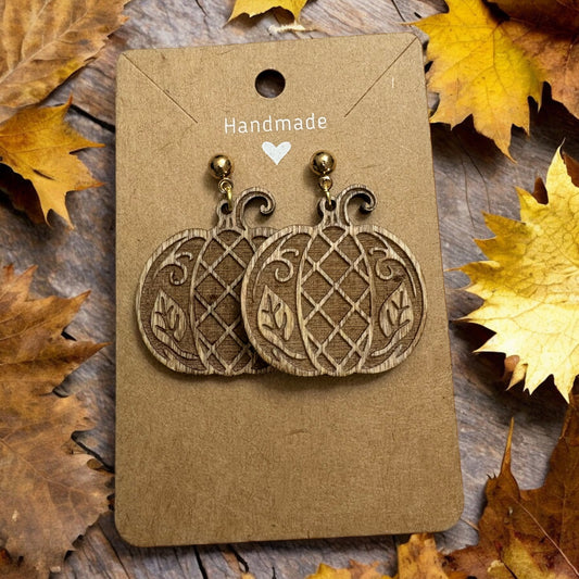 Wood Pumpkin Engraved Fall Earrings
