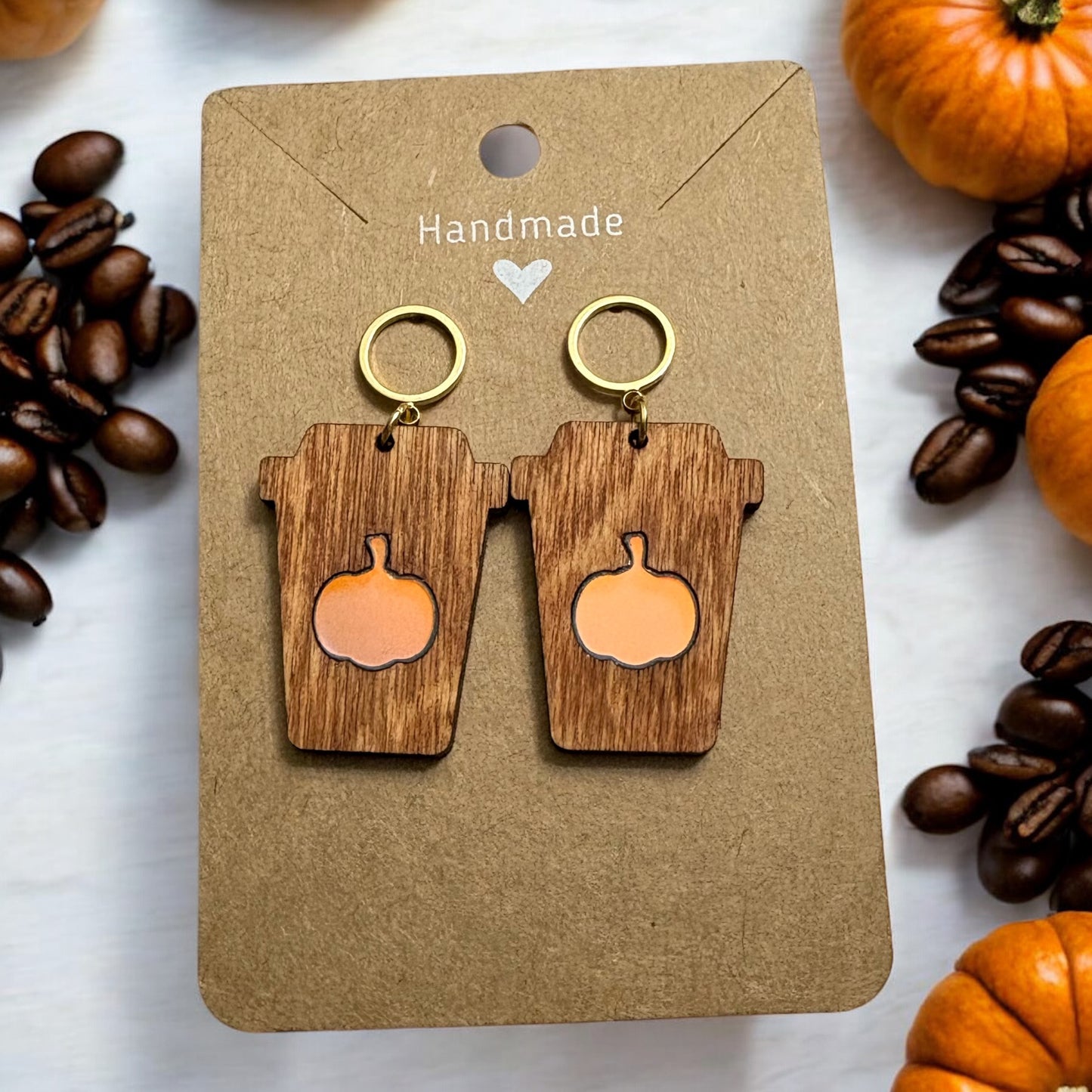 Coffee Cup Wood Earrings w/ Holographic Pumpkin Acrylic Inlay