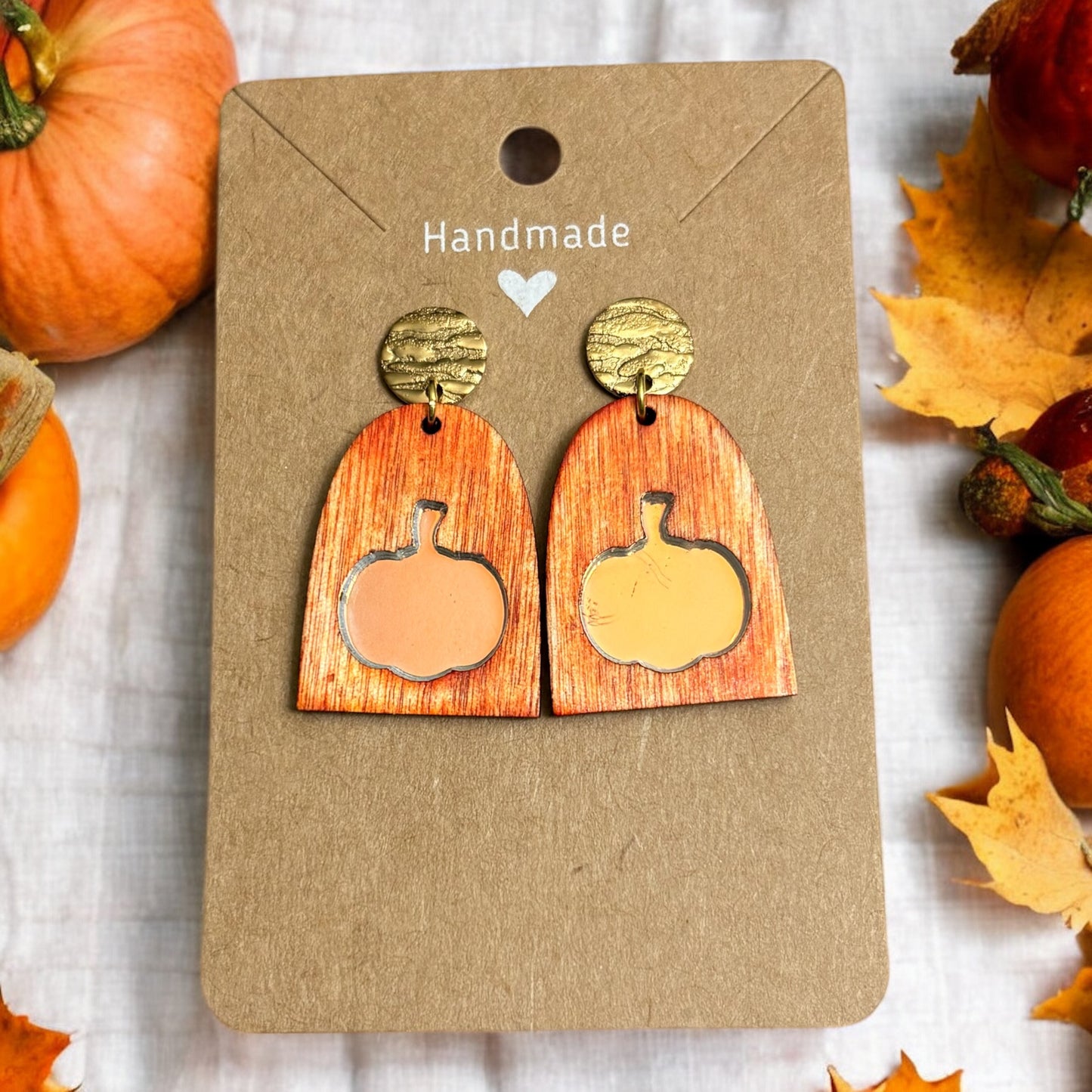 Orange Wood Earrings w/ Pumpkin Holographic Acrylic Inlay