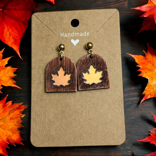Stained Wood Earrings w/ a Fall Leaf Holographic Acrylic Inlay