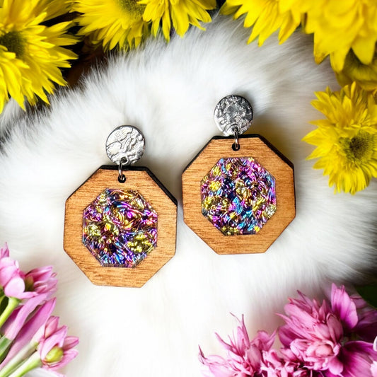 Wood & Dichrolam Acrylic Earrings on Silver Textured Studs
