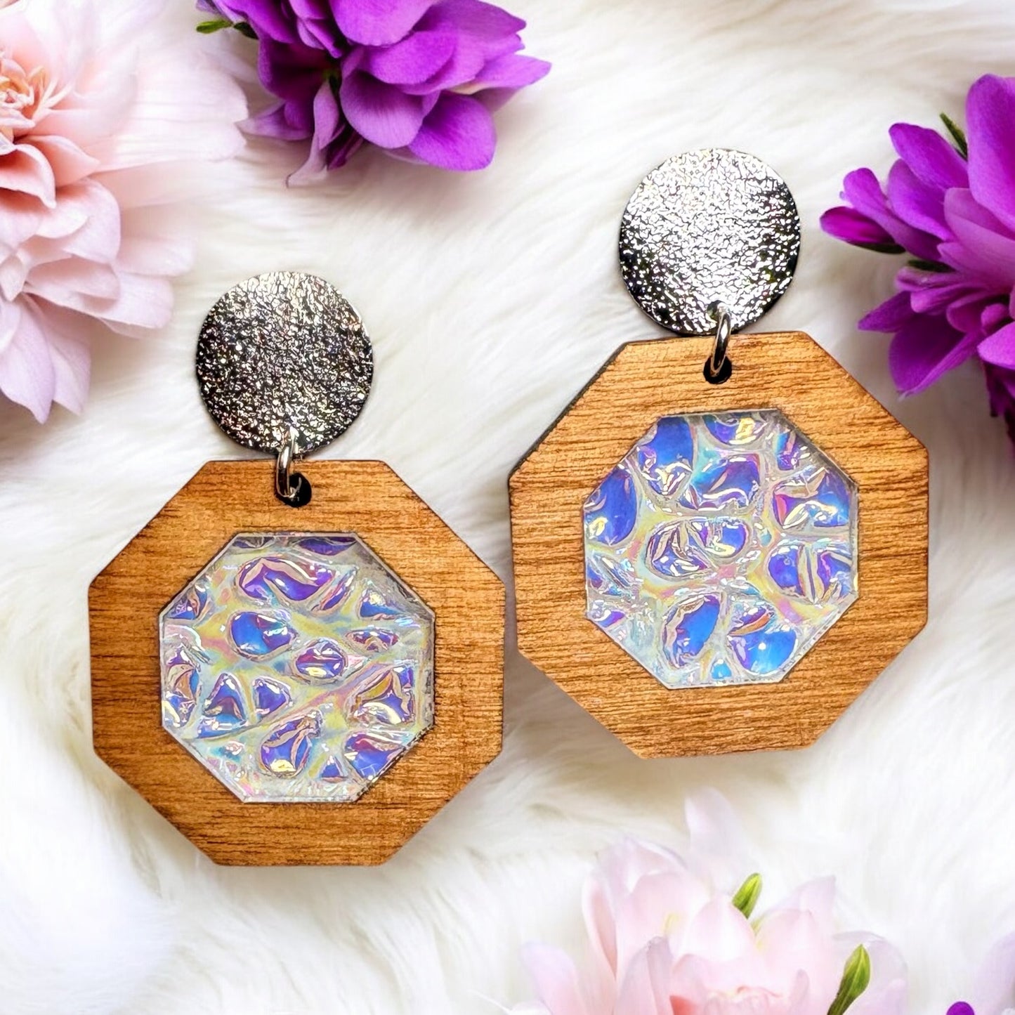 Wood & White Dichrolam Acrylic Earrings on Silver Round Studs