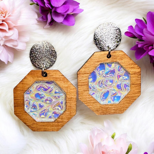 Wood & White Dichrolam Acrylic Earrings on Silver Round Studs