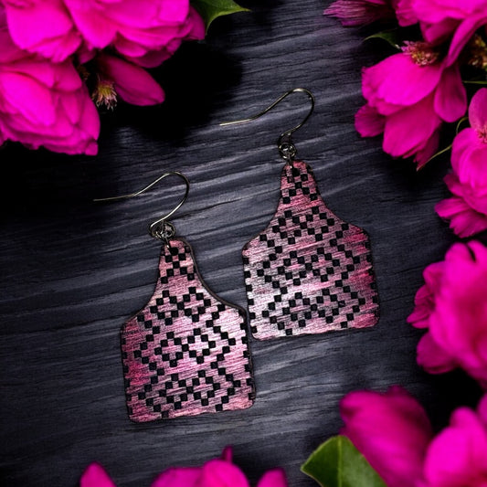 Magenta Wood Cowtag Earrings
