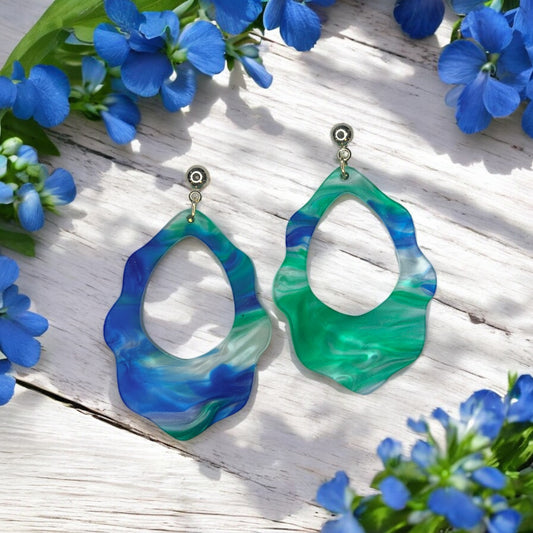 Blue & Green Swirl Acrylic Scallop Earrings w/ Silver Ball Studs