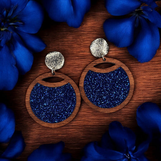 Wood & Blue Glitter Acrylic Inlay Earrings