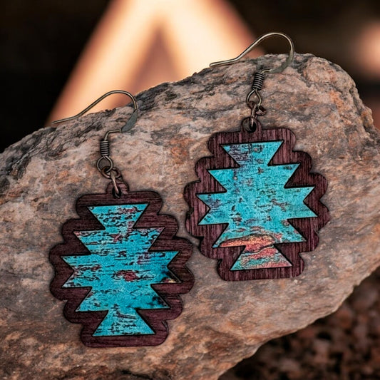Wood Aztec Inlay Earrings