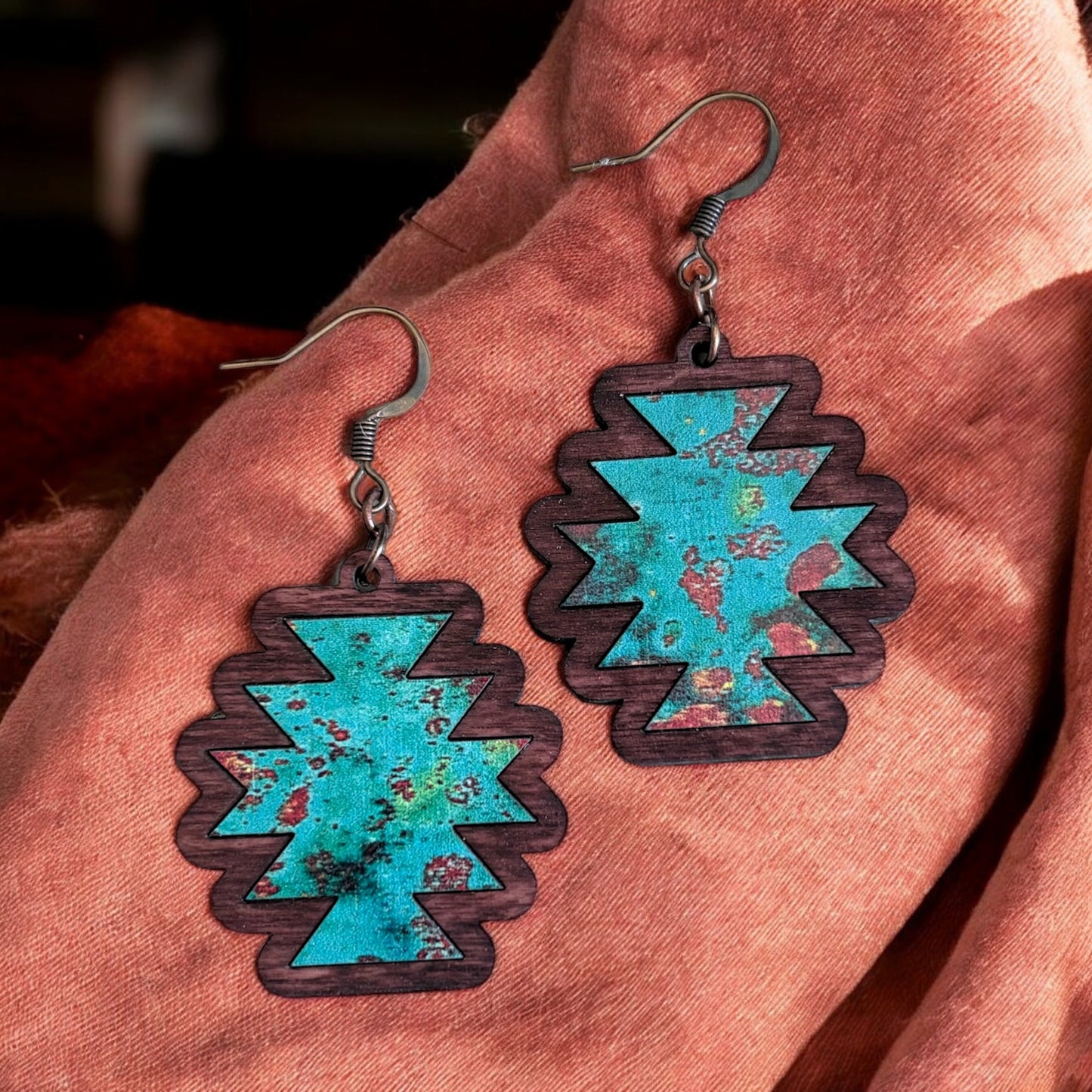 Wood Aztec Inlay Earrings